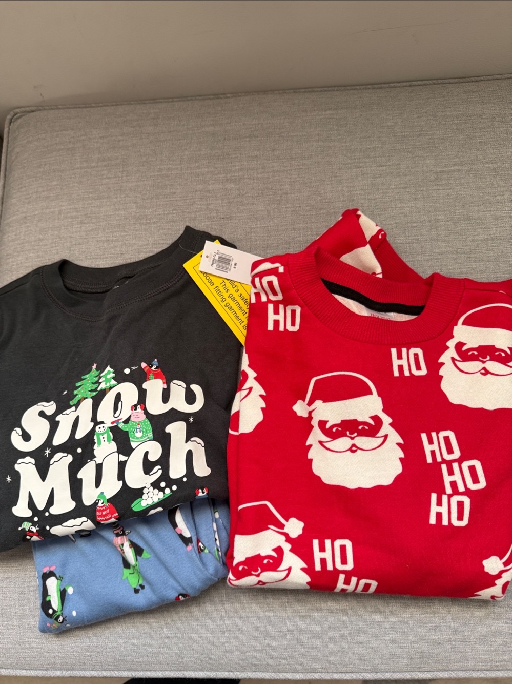 Old Navy NWT “Snow much fun” penguin pajamas and Santa sweatshirt NWT